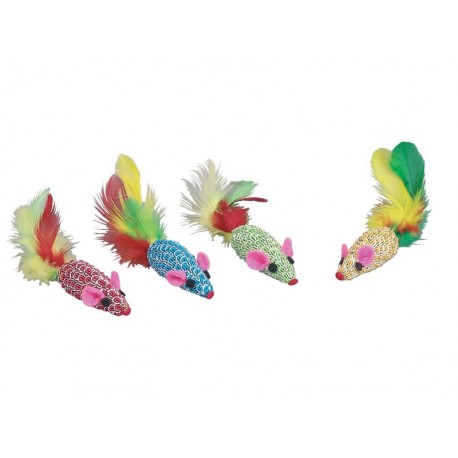 Pack 4 ratones de sisal con pluma multicolor "Feather"