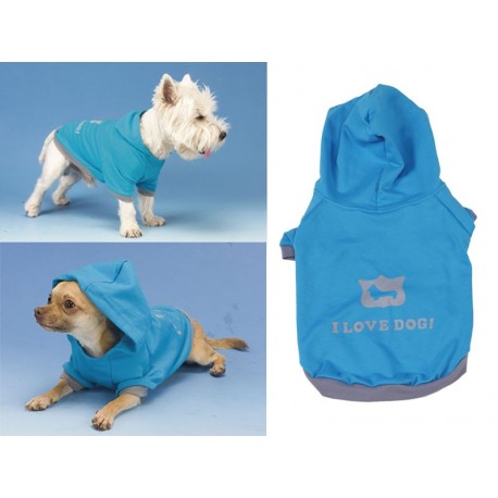 Sudadera azul con capucha I Love Dog de 35 cm.